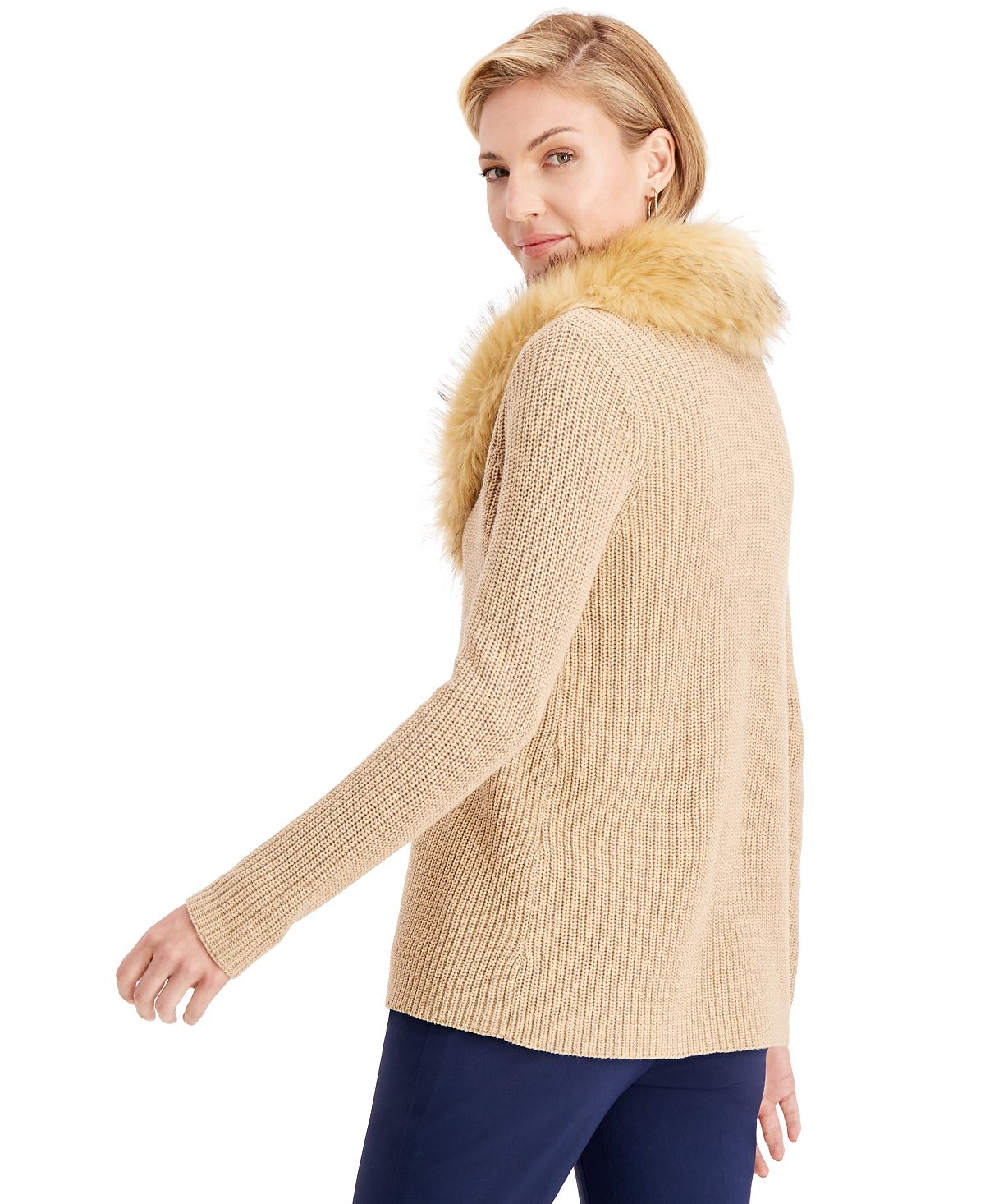 JM Collection Women's Holiday Party Faux Fur Collar Sweater Brown Size Small