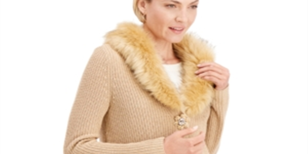 JM Collection Women's Holiday Party Faux Fur Collar Sweater Brown Size Small