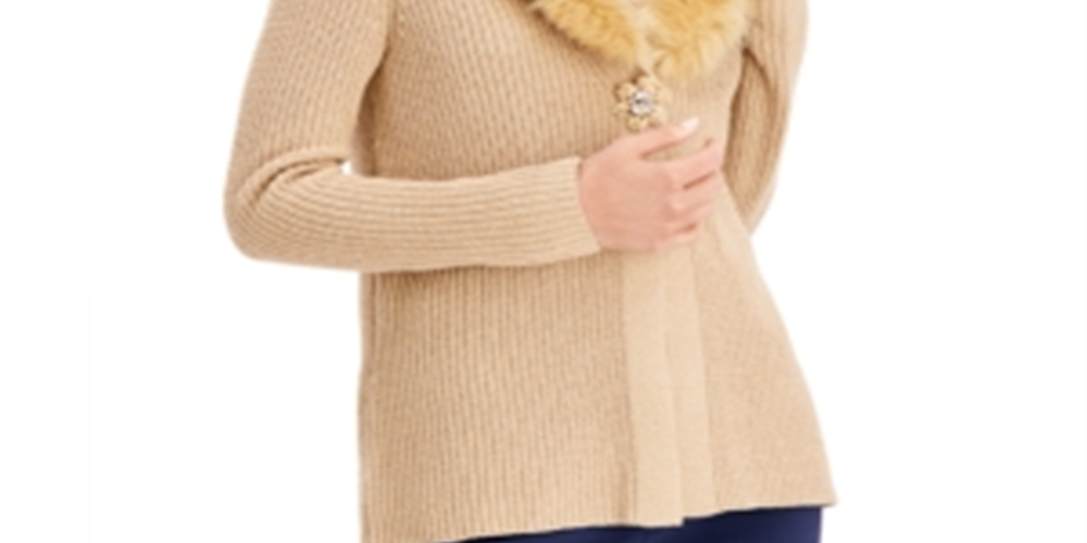 JM Collection Women's Holiday Party Faux Fur Collar Sweater Brown Size Small