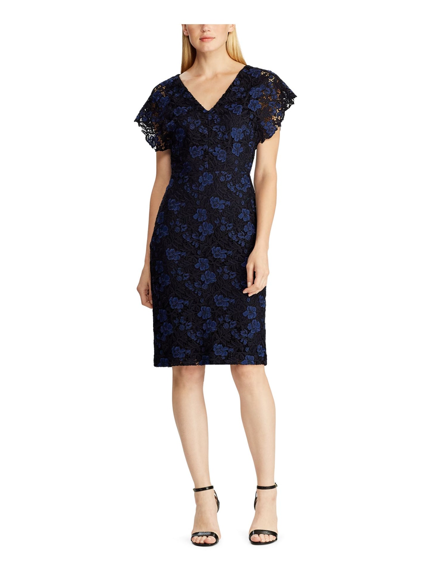 Ralph Lauren Women's Embroidered Lace Petal Sleeve V Neck Knee Length Sheath Dress Blue Size 4
