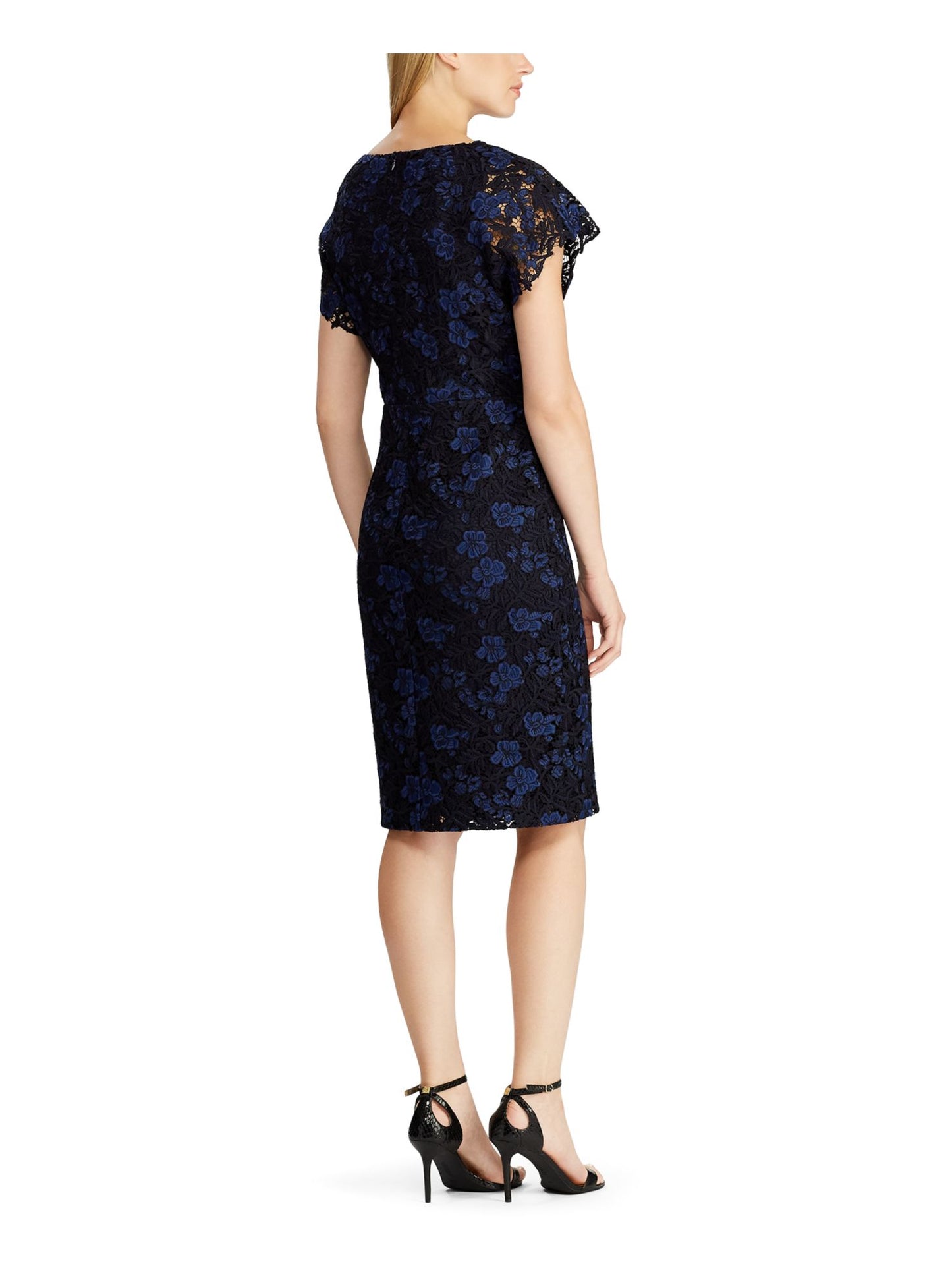Ralph Lauren Women's Embroidered Lace Petal Sleeve V Neck Knee Length Sheath Dress Blue Size 4