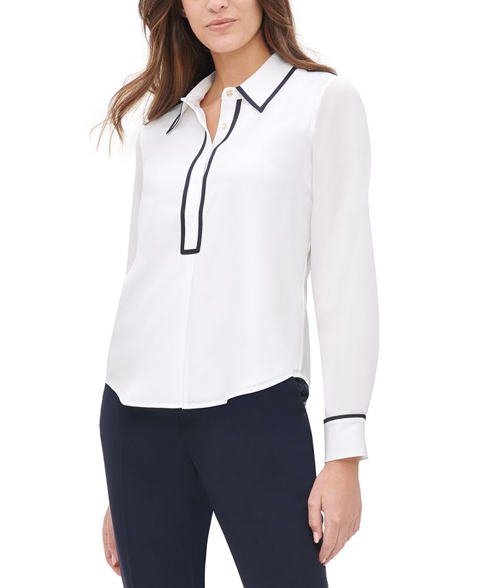 Tommy Hilfiger Women's Button Down Ribbon Collard Top White Size Small