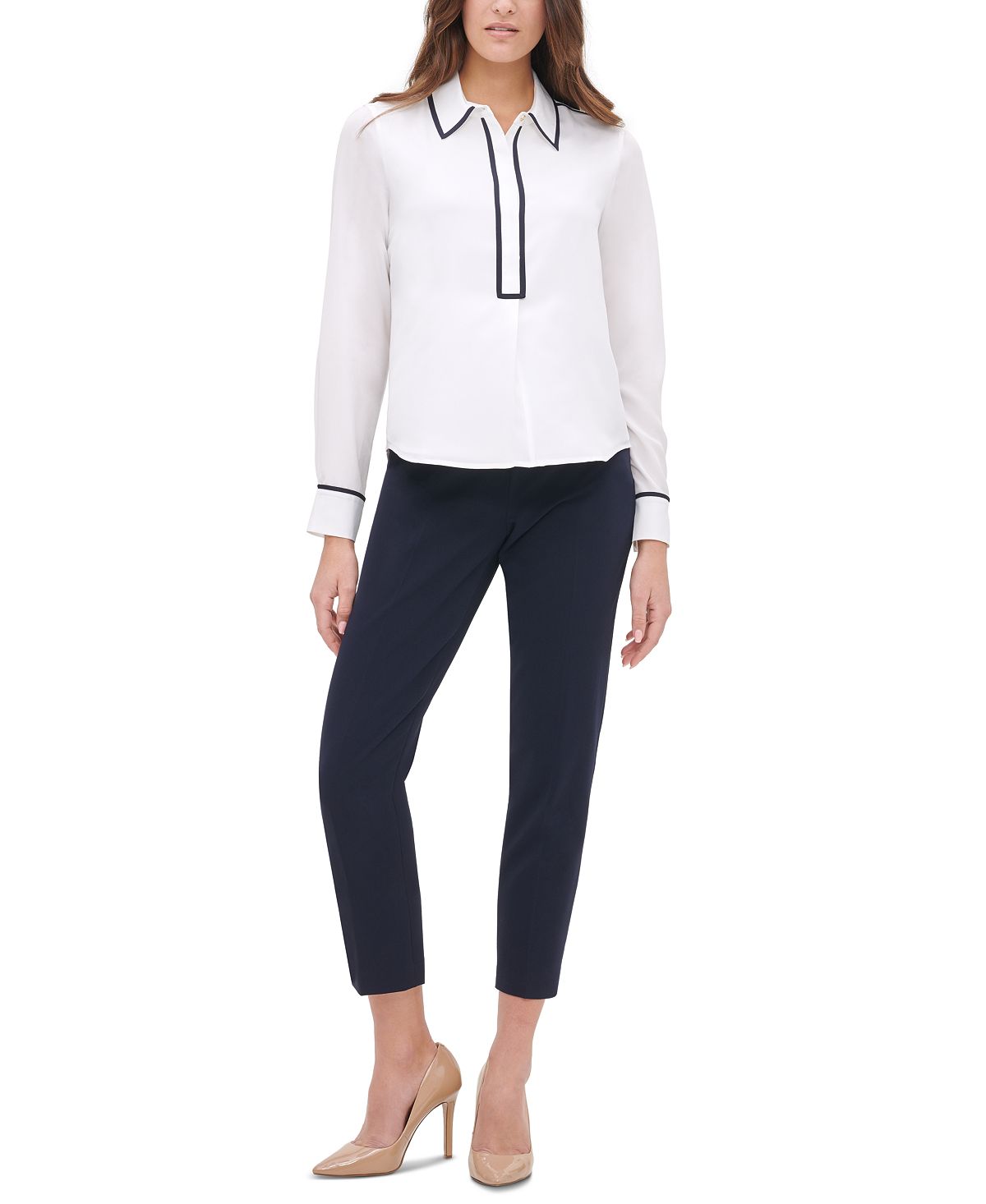 Tommy Hilfiger Women's Button Down Ribbon Collard Top White Size Small