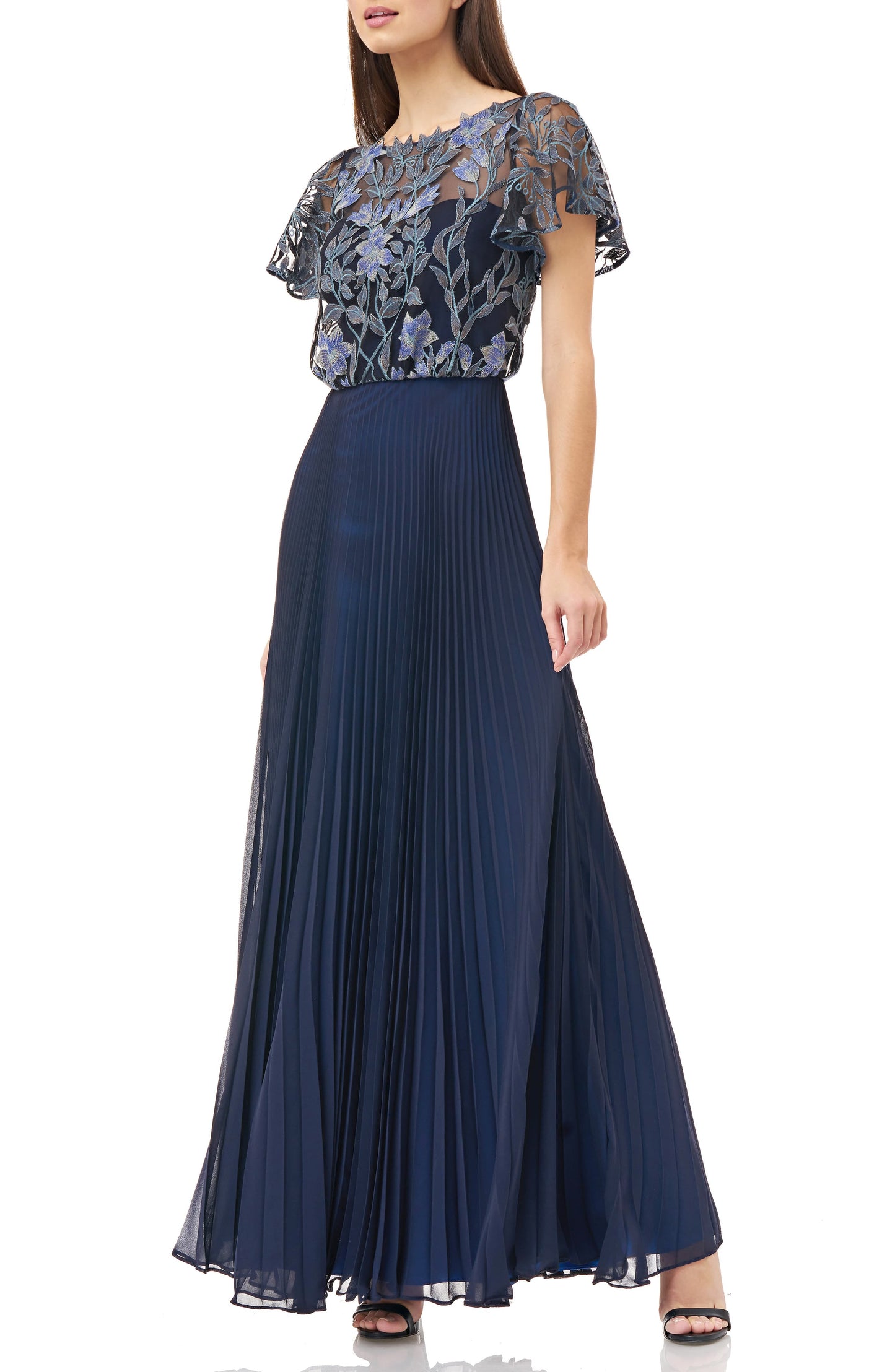 JM Collection Women's Short Sleeve Maxi Accordion Pleat Formal Dress Blue Size 12
