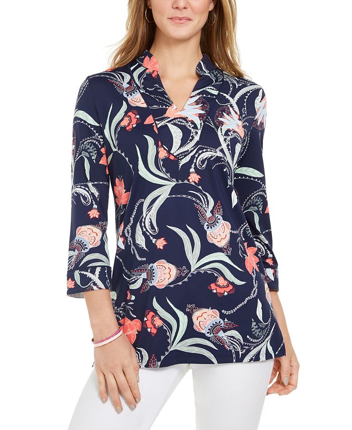 Charter Club Women's Knit 3/4 Sleeve Paisley Tunic Top Blue Size X-Small