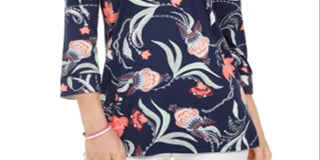 Charter Club Women's Knit 3/4 Sleeve Paisley Tunic Top Blue Size X-Small