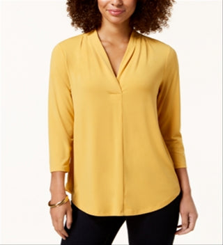 Charter Club Women's Pleat Neck 3/4 Sleeve Top Yellow Size Petite S