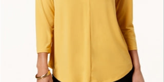 Charter Club Women's Pleat Neck 3/4 Sleeve Top Yellow Size Petite S