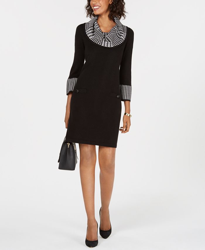 Jessica Howard Women's Houndstooth Long Sleeve Cowl Neck Above the Knee Sheath Wear to Work Dress Black Size Small