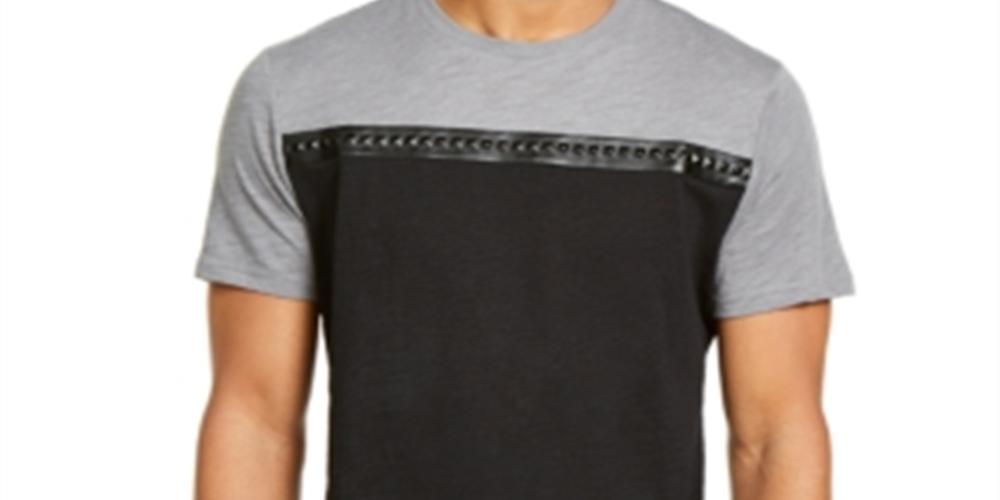 INC International Concepts Men's Colorblock Faux Leather Studded Tee Gray Size Small