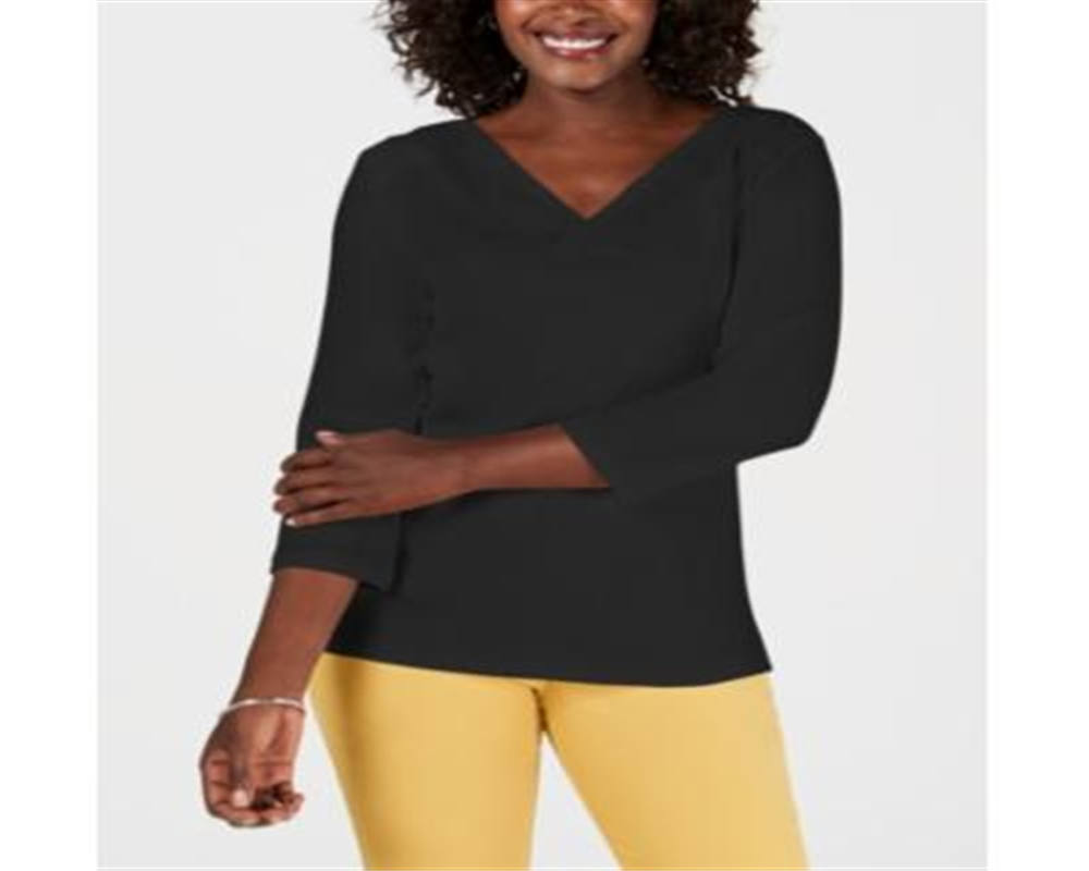 Karen Scott Women's Eyelet V Neck Cotton Top Black Size Petite XL