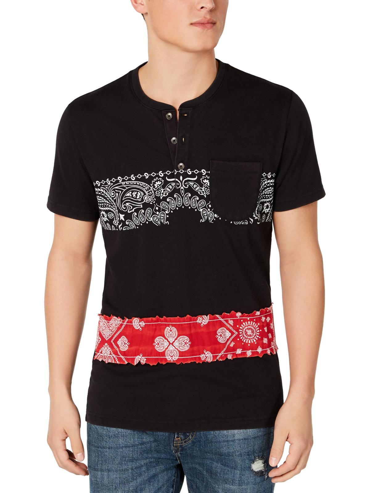 American Rag Men's Print Short Sleeve Henley Shirt Black Size Small