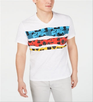 INC International Concepts Men's Graphic Tee V Neck Cartoon Strip Floral T-Shirt White Size X-Large