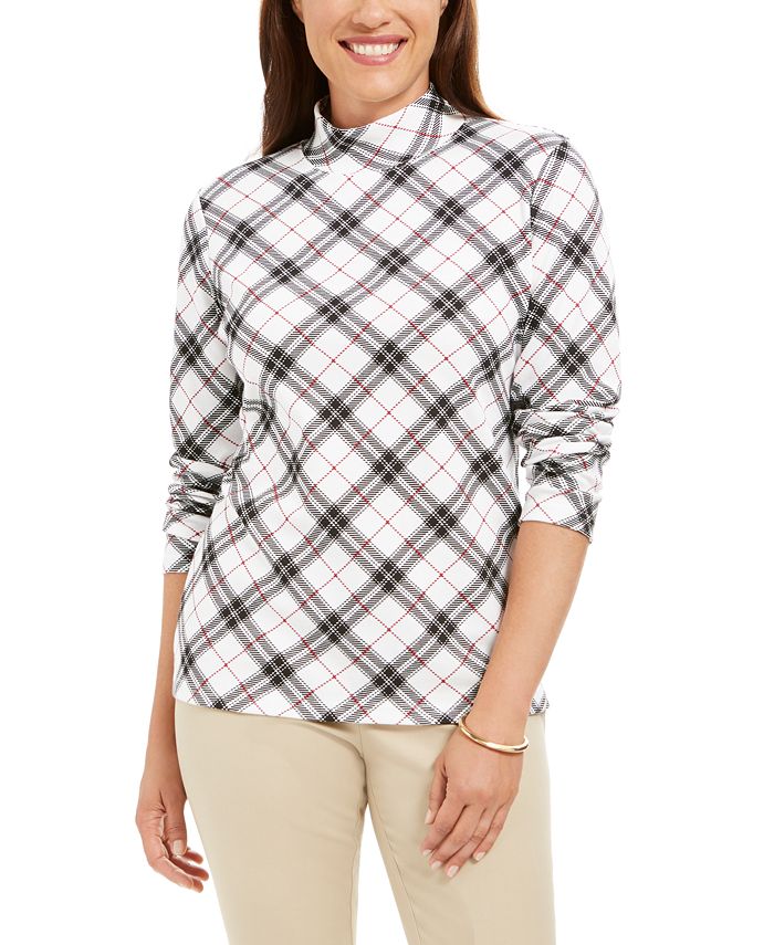 Karen Scott Women's Plaid Printed Mock Neck Top Black Size Petite M