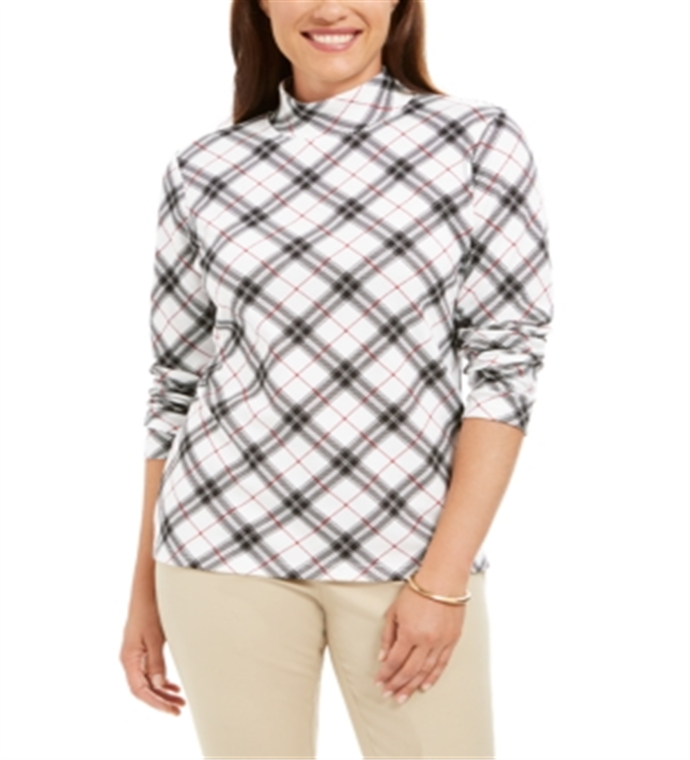Karen Scott Women's Plaid Printed Mock Neck Top Black Size Petite M