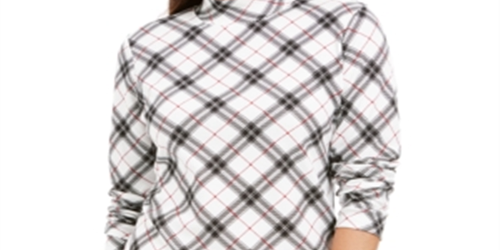 Karen Scott Women's Plaid Printed Mock Neck Top Black Size Petite M