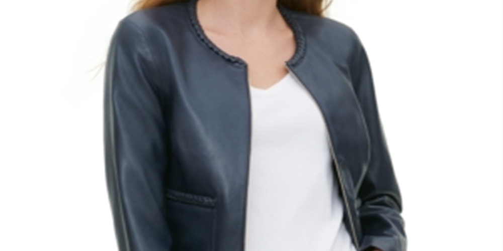 Tommy Hilfiger Women's Braided Neck Faux Leather Jacket Blue Size 0