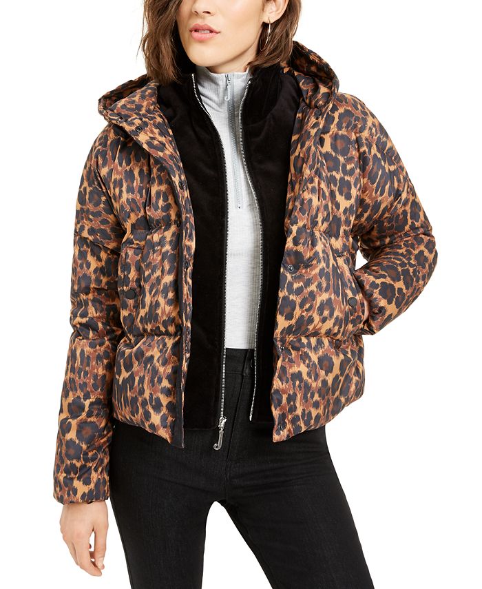 Juicy Couture Women's Volumized Winter Animal Print Puffer Jacket Brown Size Large