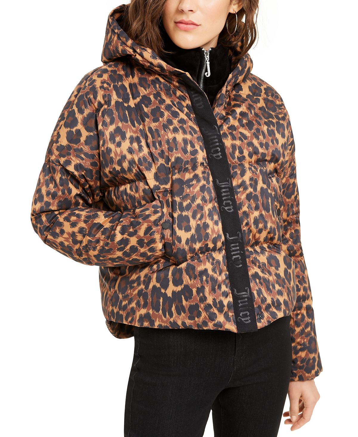 Juicy Couture Women's Volumized Winter Animal Print Puffer Jacket Brown Size Large