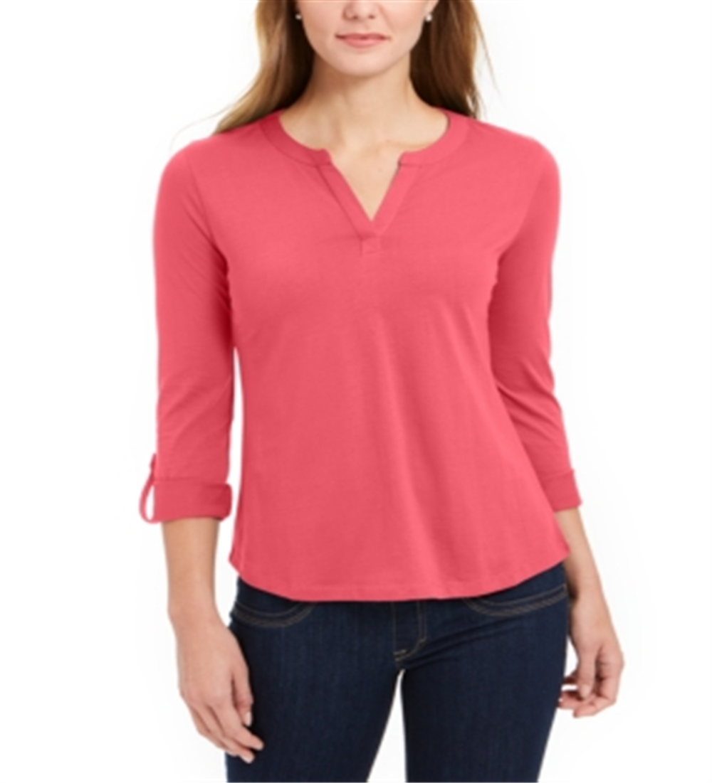 Charter Club Women's Supima Cotton Split Neck Top Red Size Large