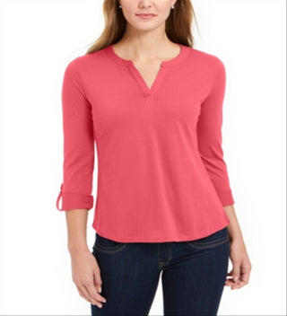 Charter Club Women's Supima Cotton Split Neck Top Red Size Large