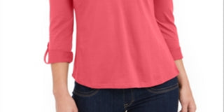 Charter Club Women's Supima Cotton Split Neck Top Red Size Large
