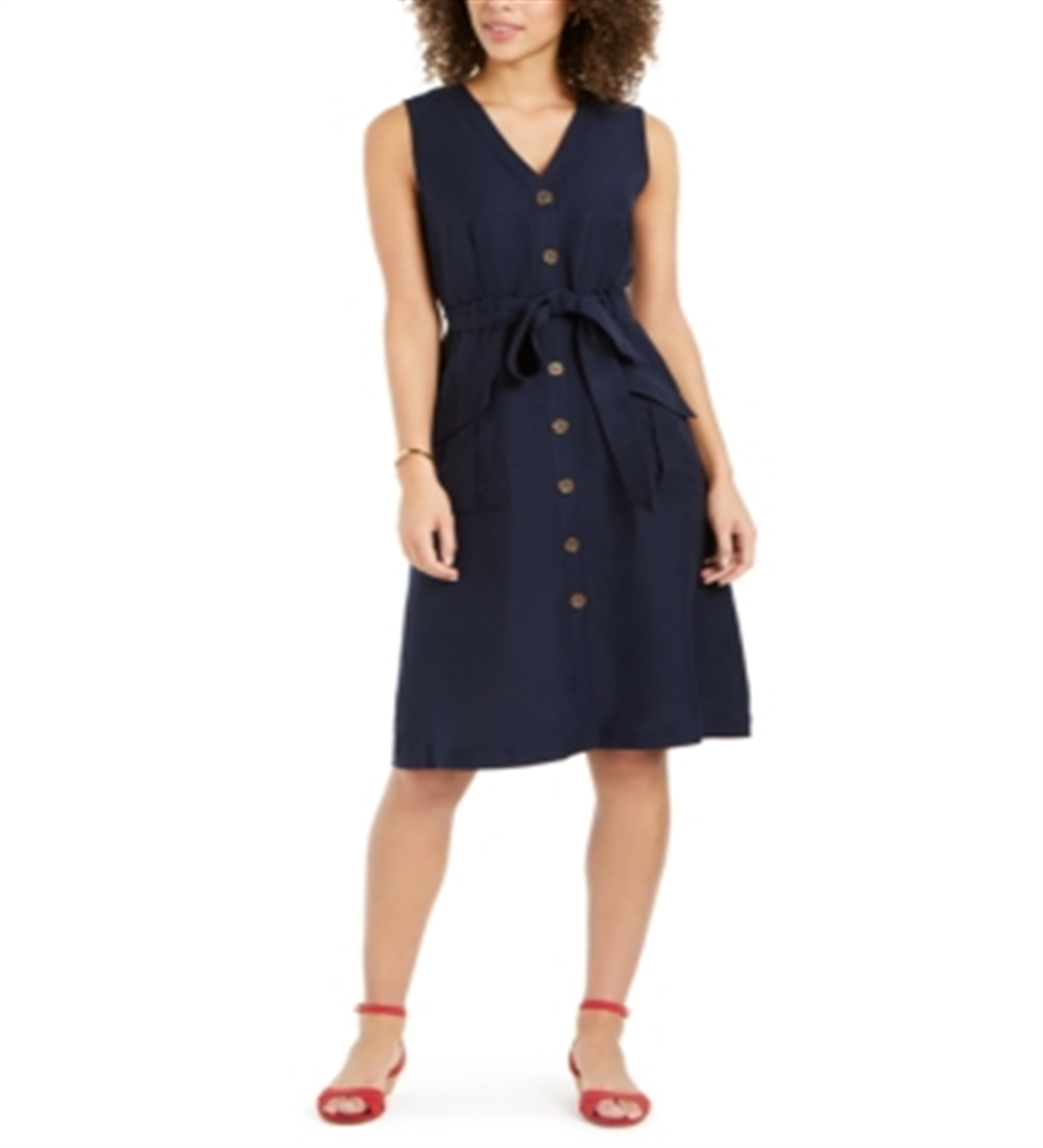 Charter Club Women's Linen Blend Button Front Dress Blue Size 12