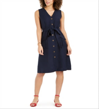 Charter Club Women's Linen Blend Button Front Dress Blue Size 12