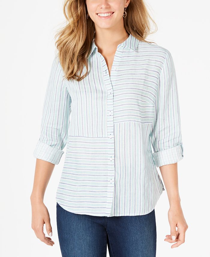 Charter Club Women's Linen Striped Cuffed Shirt White Size XX-Large
