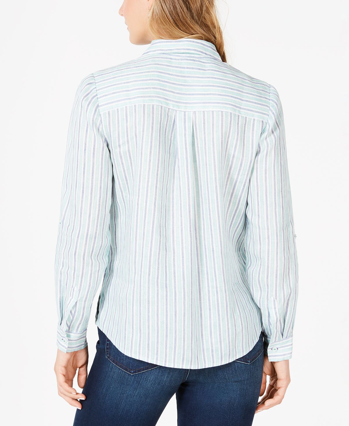Charter Club Women's Linen Striped Cuffed Shirt White Size XX-Large