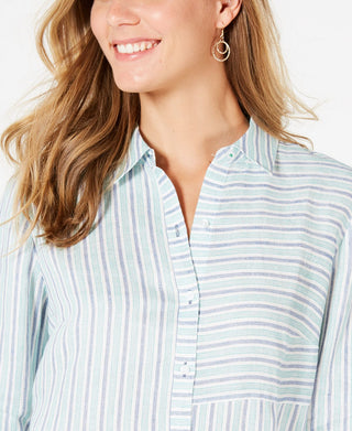Charter Club Women's Linen Striped Cuffed Shirt White Size XX-Large