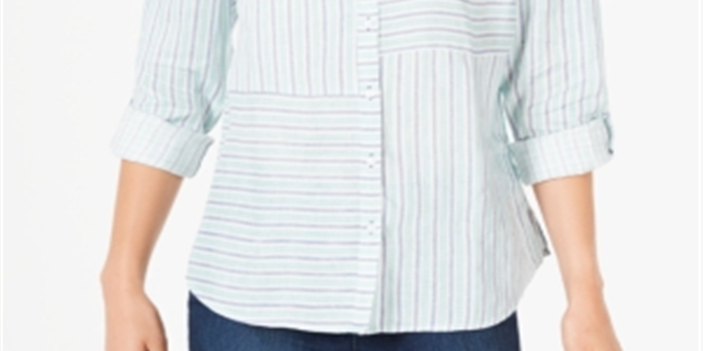 Charter Club Women's Linen Striped Cuffed Shirt White Size XX-Large