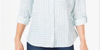 Charter Club Women's Linen Striped Cuffed Shirt White Size XX-Large