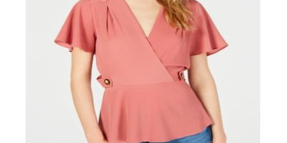 Monteau Women's Flutter Sleeve Peplum Top Pink Size Petite X-Large