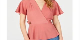 Monteau Women's Flutter Sleeve Peplum Top Pink Size Petite X-Large