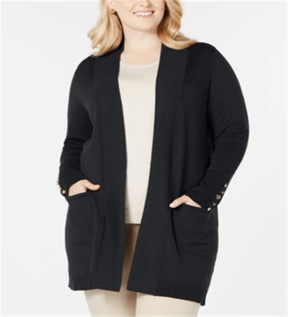 JM Collection Women's Plus Button Sleeve Flyaway Cardigan Sweater Black Size 1X