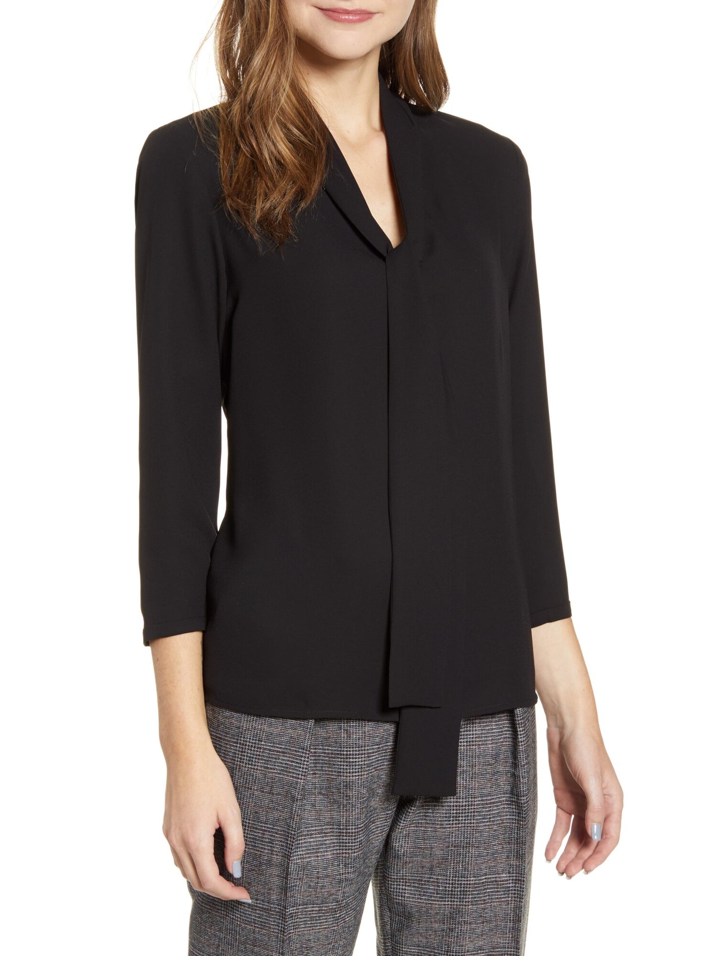 Anne Klein Women's Long Sleeve Tie Neck Top Black Size Small