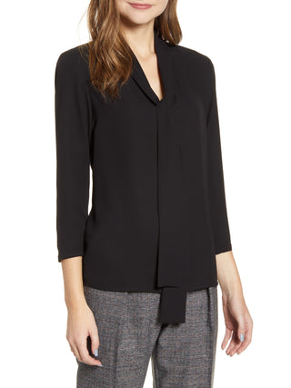 Anne Klein Women's Long Sleeve Tie Neck Top Black Size Small