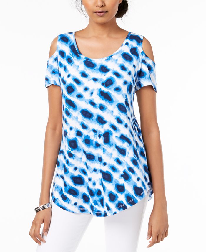 JM Collection Women's Printed Cold Shoulder Top Blue Size Large
