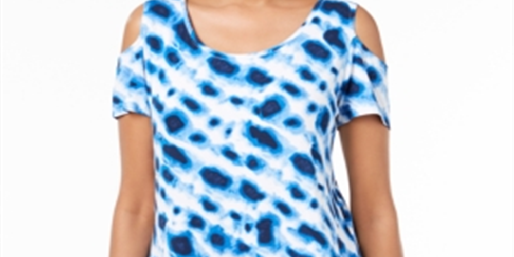 JM Collection Women's Printed Cold Shoulder Top Blue Size Large