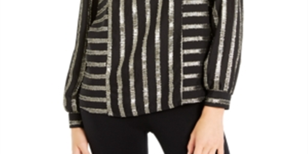 Alfani Women's Metallic Striped Crewneck Knit Top Black Size X-Small