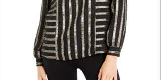 Alfani Women's Metallic Striped Crewneck Knit Top Black Size X-Small