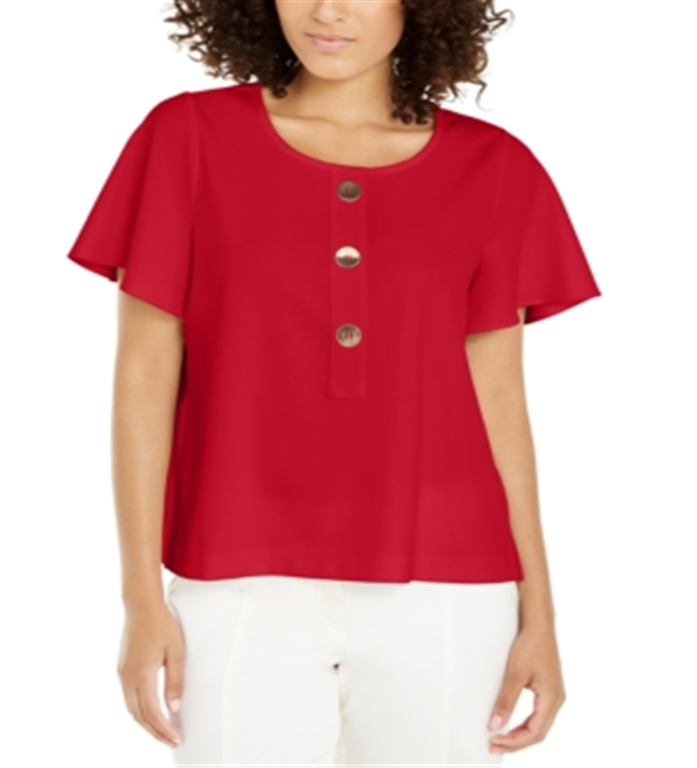Alfani Women's Button Front Flutter Sleeve Top Red Size Petite L