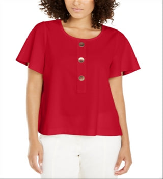Alfani Women's Button Front Flutter Sleeve Top Red Size Petite L
