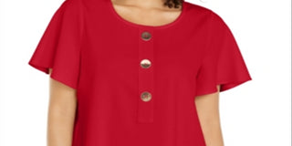 Alfani Women's Button Front Flutter Sleeve Top Red Size Petite L