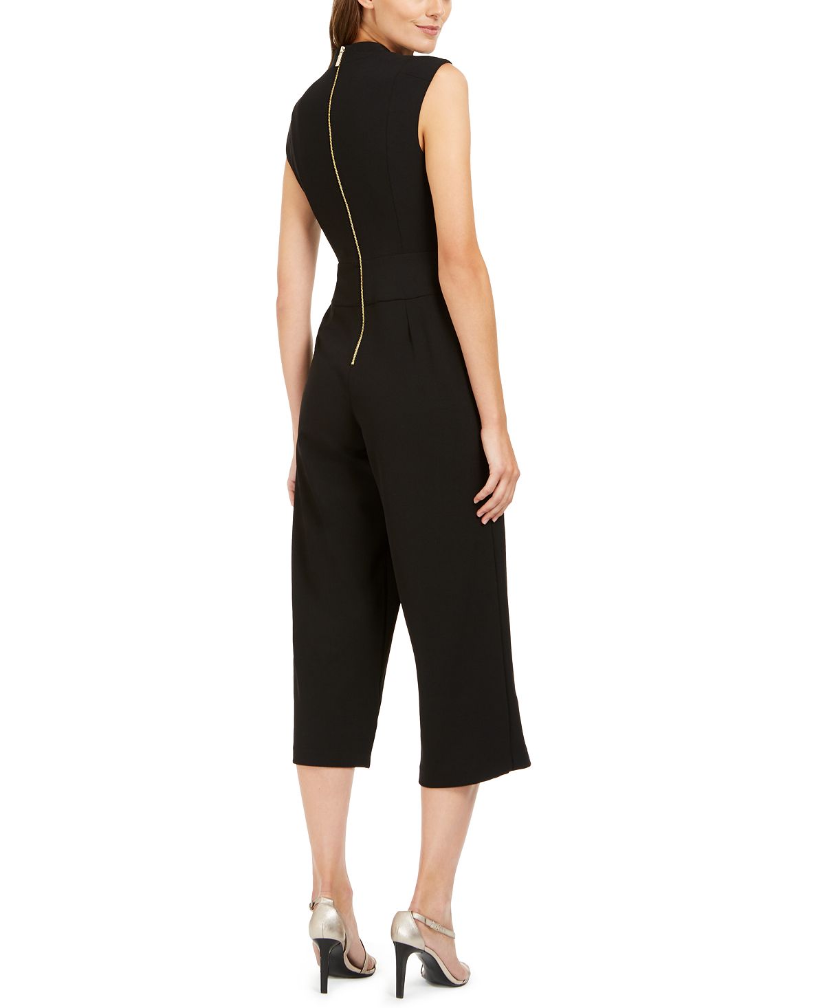 Calvin Klein Women's Embellished Zippered Sleeveless V Neck Jumpsuit Black Size 10