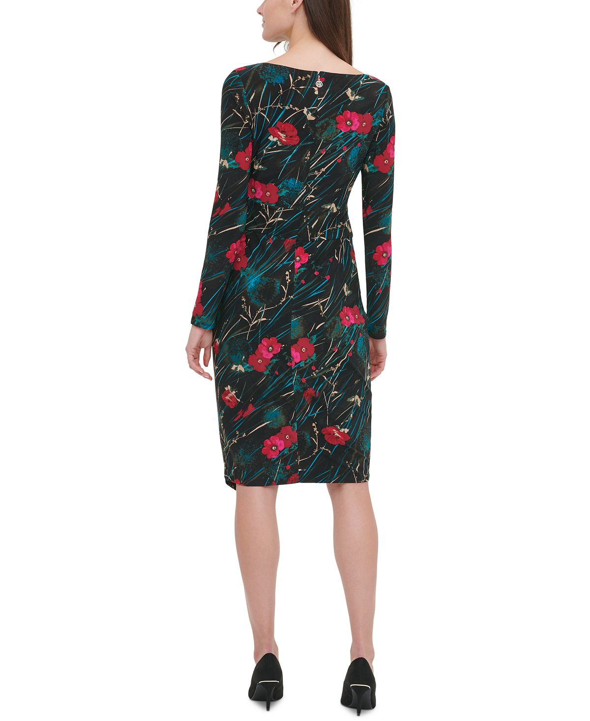 Tommy Hilfiger Women's Floral Long Sleeve Boat Neck Dress -Black Size 14