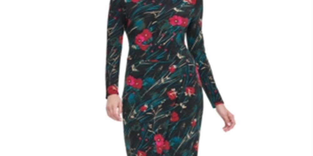Tommy Hilfiger Women's Floral Long Sleeve Boat Neck Dress -Black Size 14
