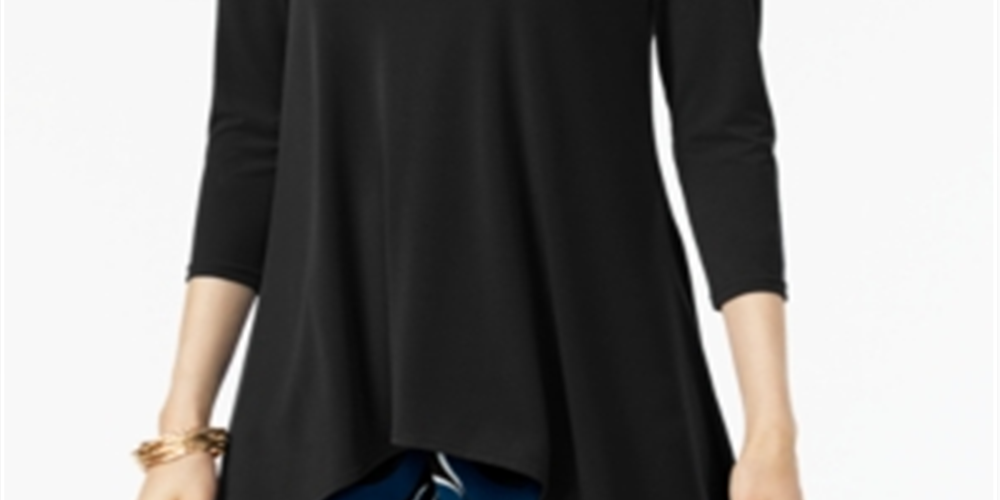 Alfani Women's Blouse Deep 3/4 Sleeve Jersey Top Black Size Small