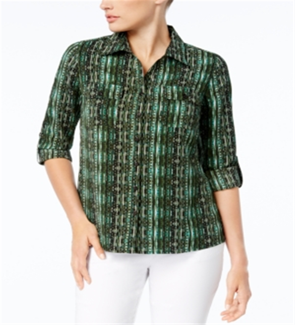 NY Collection Women's Printed Utility Shirt GreenSize Petite L